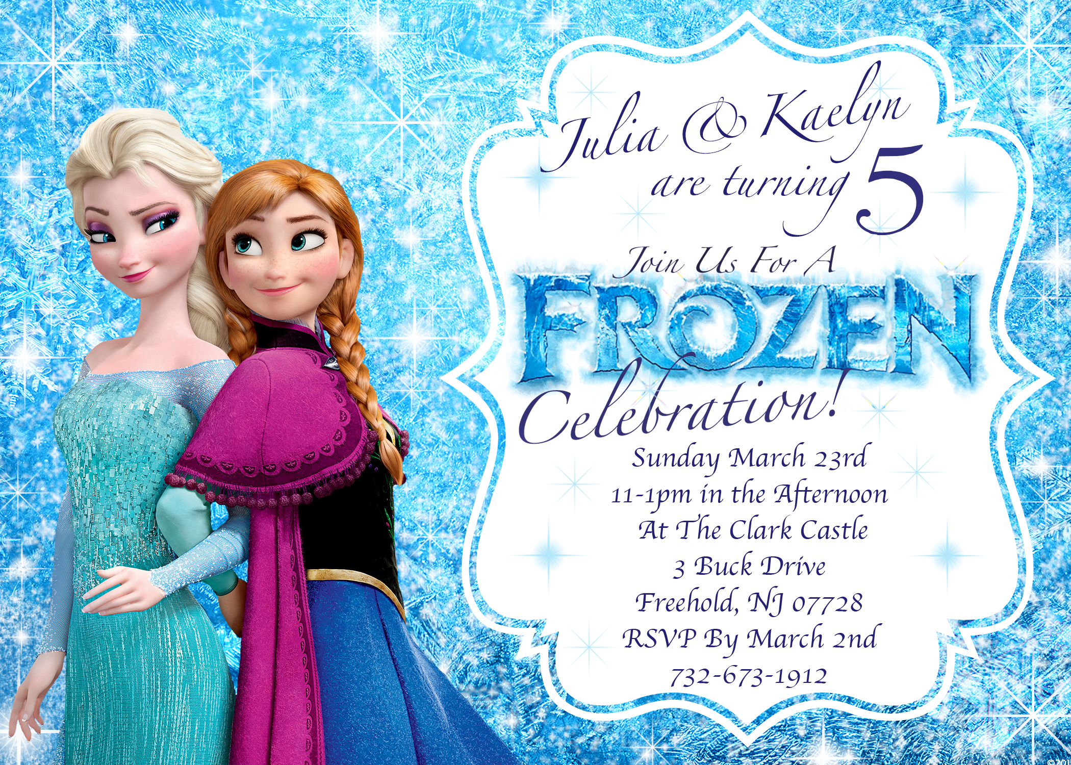 Disney’s Frozen Winter Birthday Invitation – Printable -Twin or Sibling invitation